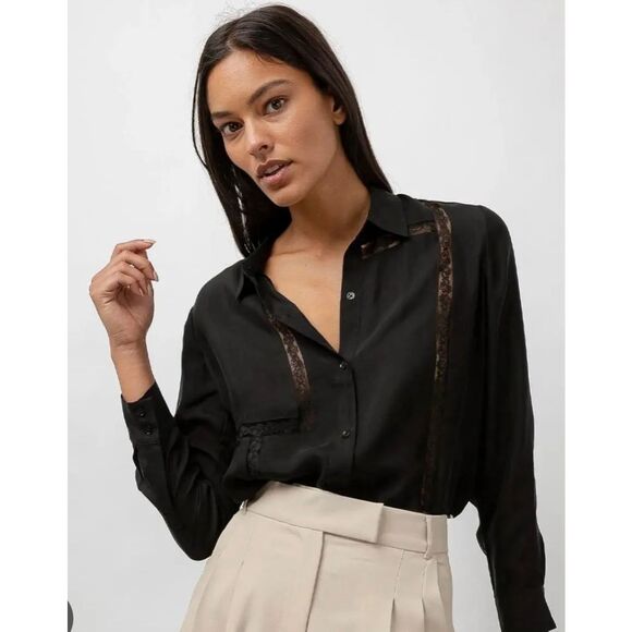 Rails Mona Black Women’s Silk Blend Lace Trim Long Sleeve Button Down Shirt L - Picture 1 of 12